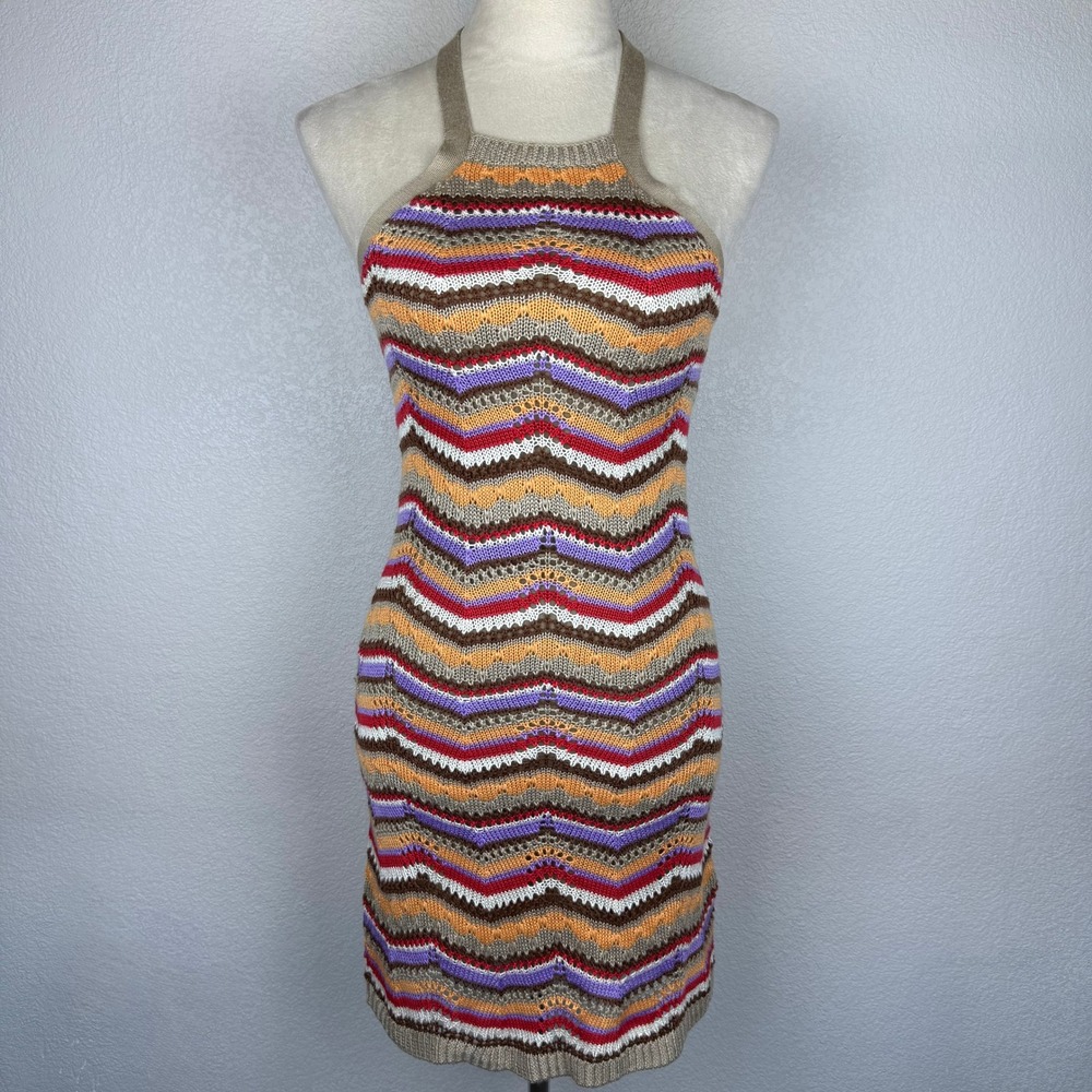 SO Goods For Life Crochet Halter Dress Silky Lining Chevron Zigzag Pattern Sz XS